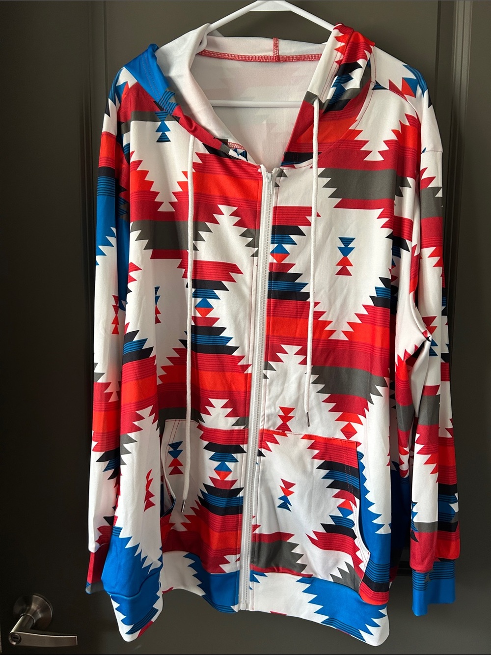 Women’s Aztec Zip-Up Hoodie Jacket in Red, Blue & White